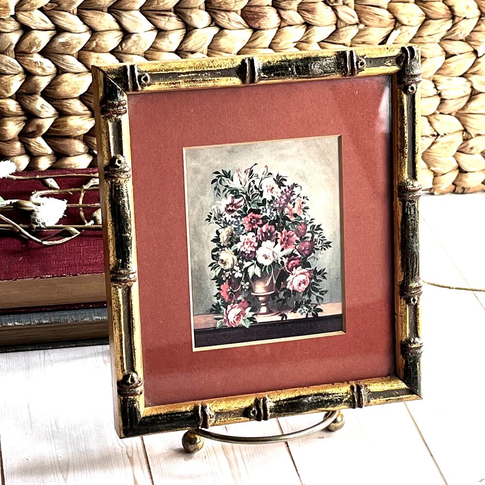 Miniature Vintage Floral Bouquet Print Gold Wood Faux Bamboo Frame 5.25"x6"